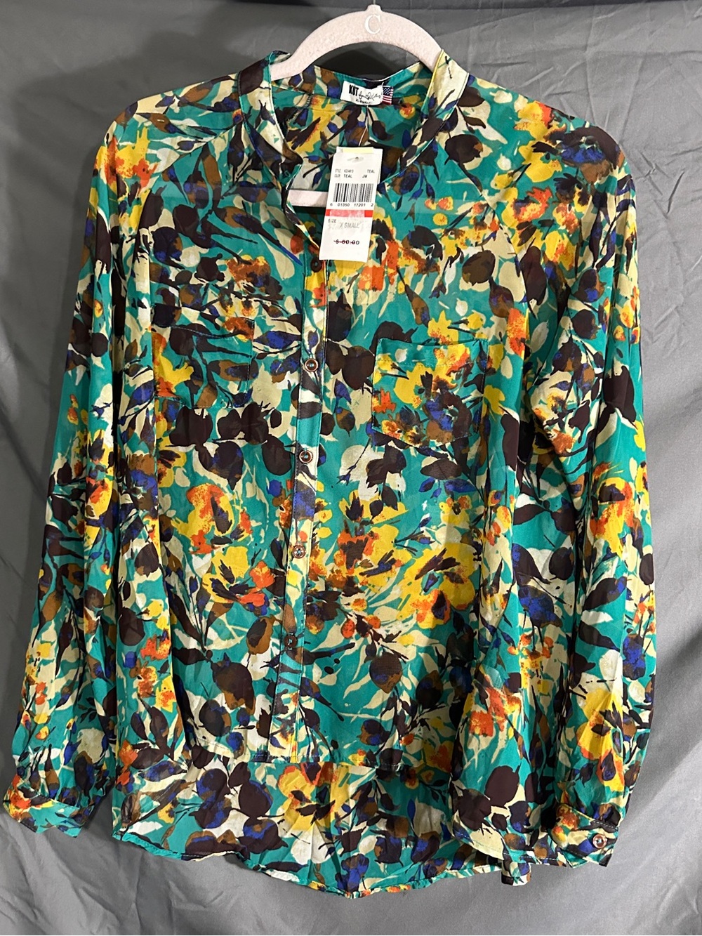 Kut from the Kloth Teal Floral Button-Up Blouse